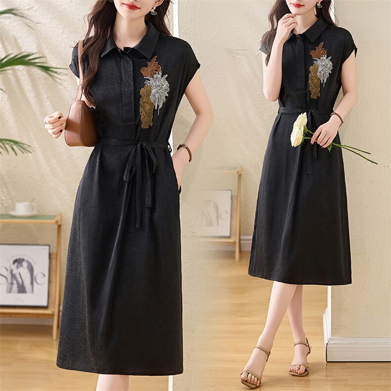 黑色刺绣衬衫连衣裙女2025夏季新款轻奢气质收腰显瘦减龄遮肚裙子，女装连衣裙，多彩