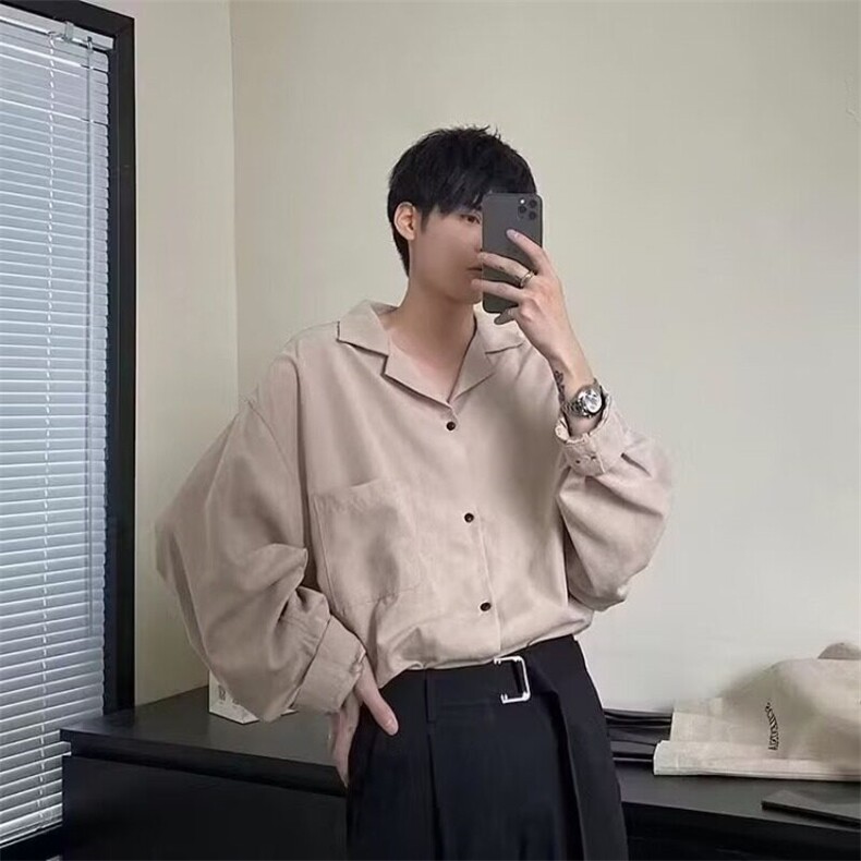 2025春季新品古巴领杏色衬衫男女日系潮流百搭高级感衬衣薄外套潮,男装衬衫,星座506A
