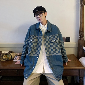 2025春棋盘格拼接牛仔外套男日系休闲情侣男生夹克上衣JK895-P70图片