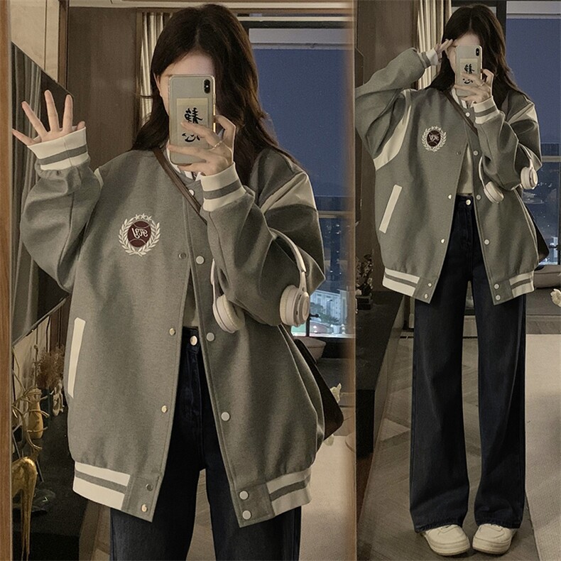灰色复古学院风棒球服外套女秋新款设计感拼接休闲上衣C780-P100图片