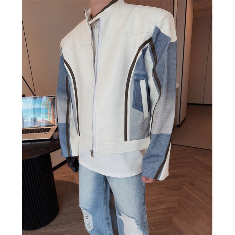 春秋皮衣夹克男女炸街拼接赛车服高级感宽松垫肩外套LJK8571-P75,男装皮衣,星座1008