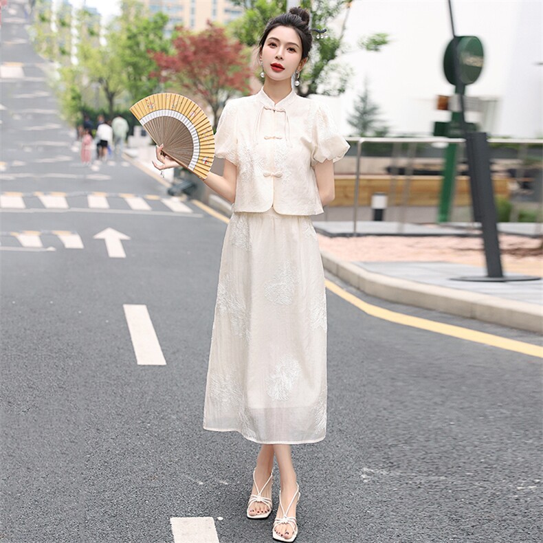 《48H发》时尚复古显瘦新中式两件套套裙,女装套装/套裙,婷轩阁