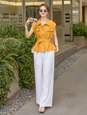 时尚通勤职场棉麻套装女2025年夏系带衬衫上衣+显瘦阔腿裤两件套，女装套装/套裙，艾仟回(原伊仟回)