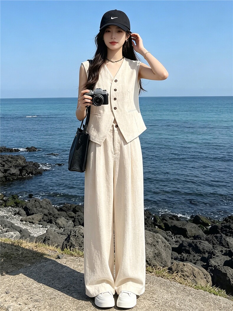 法式高级感气质减龄套装女夏季新款宽松简约无袖上衣长裤两件套潮,女装套装/套裙,江南