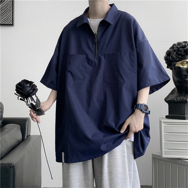半拉链polo衫短袖男生夏季薄款日系t恤大码潮牌衬衫五分袖上衣服,男装衬衫,电商C323
