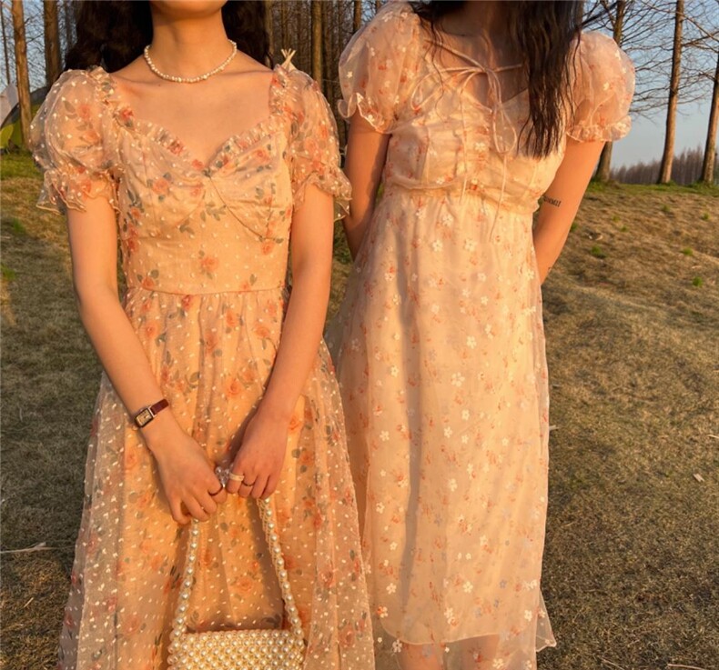 蕾丝印花甜美连衣裙，女装连衣裙，Mu Mu