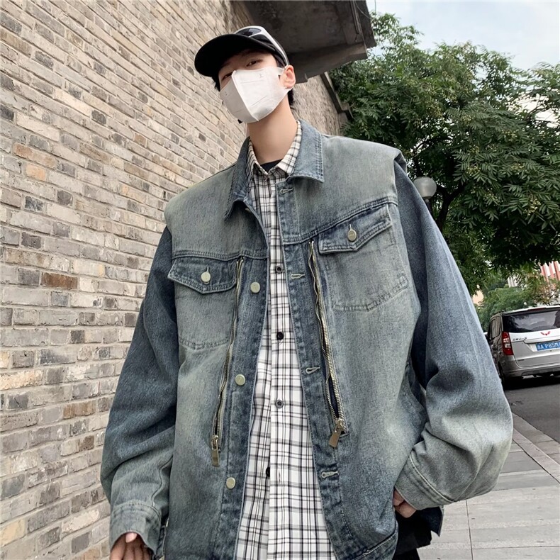 美式复古重工水洗直角垫肩牛仔夹克外套男女春季新款高级感上衣潮,男装工装外套,星座1210-1