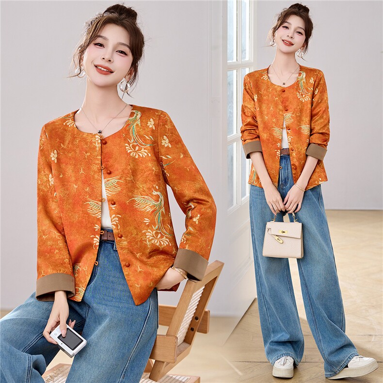 新中式凤纹印花圆领风外套601P125,女装短外套,乐衣轩
