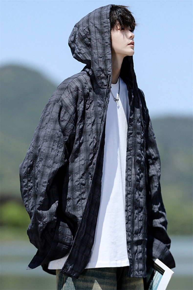 廓形防晒衬衫男夏季长袖冰丝薄款亚麻格子衬衣开衫外套CS29006P48,男装衬衫,电商B312