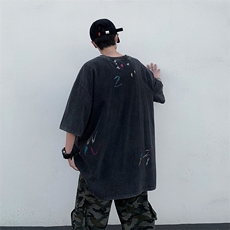 T10-P38美式复古水洗泼墨烫金纯棉五分袖，男装T恤，星座1501-1