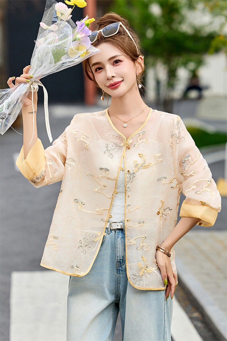 重工刺绣欧根纱薄款外套女2025春夏新款独特漂亮新中式防晒衣上衣,女装防晒衣,布芭啦
