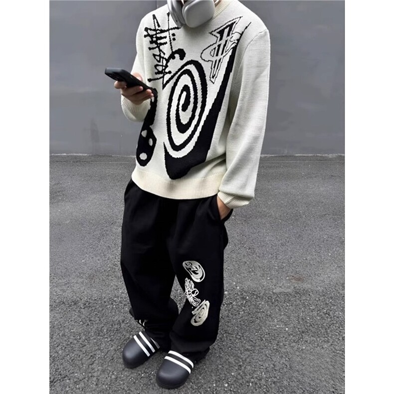 Stussy联名Nike毛衣男潮牌宽松斯图西黑八台球股子蚊香旋涡圆领，男装针织衫/毛衣，星座506A