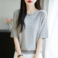 天丝针织正肩短袖T恤女2025夏季新款波浪纹镂空薄款透气纯色上衣t，女装T恤，昭美羊绒