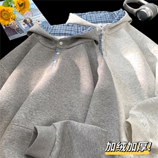 D309B-CC31-P55加绒加厚内里格子纽扣连帽卫衣常规P55加绒60，男装卫衣，电商D309B