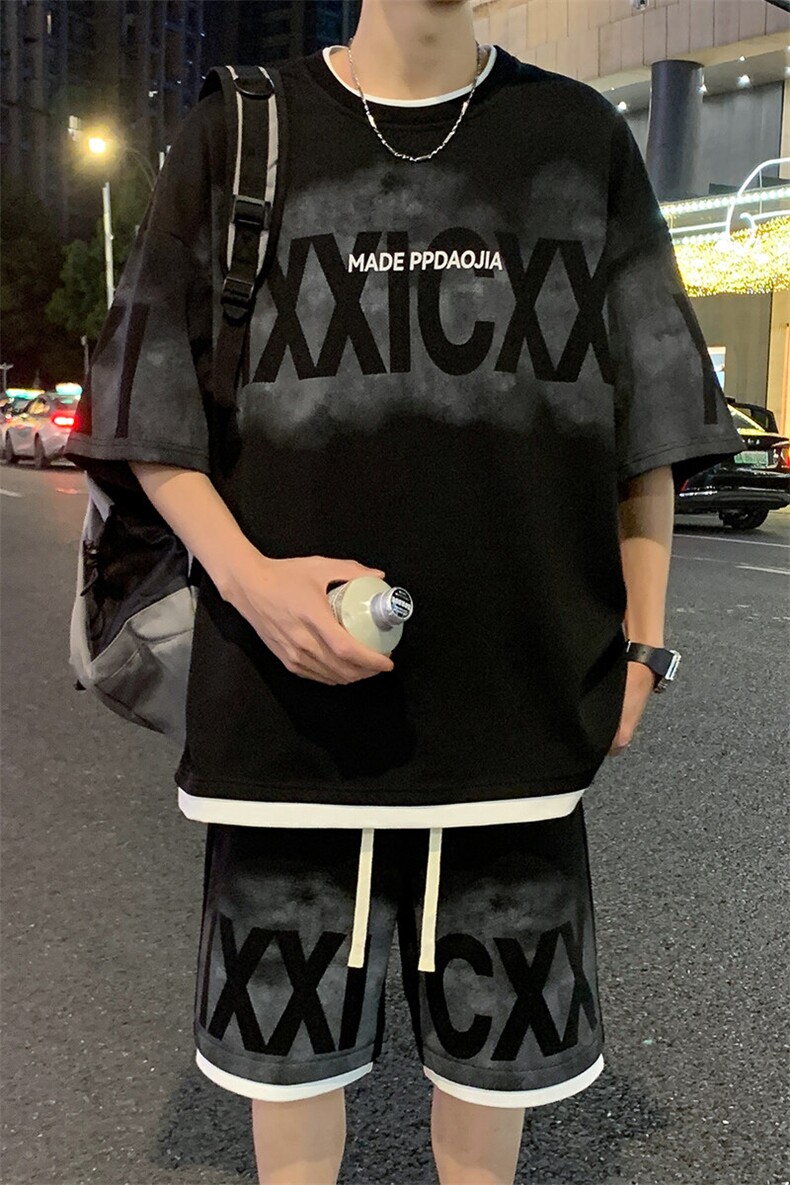 特批P50无差价夏季假菠萝格假两件字母印花拼色五分套装男TZ322,男装休闲套装,电商A001