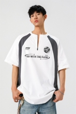 领口拉链拼接设计大码M-5XL印花短袖T恤男：100%棉DX78024P50控78，男装T恤，星座227-7