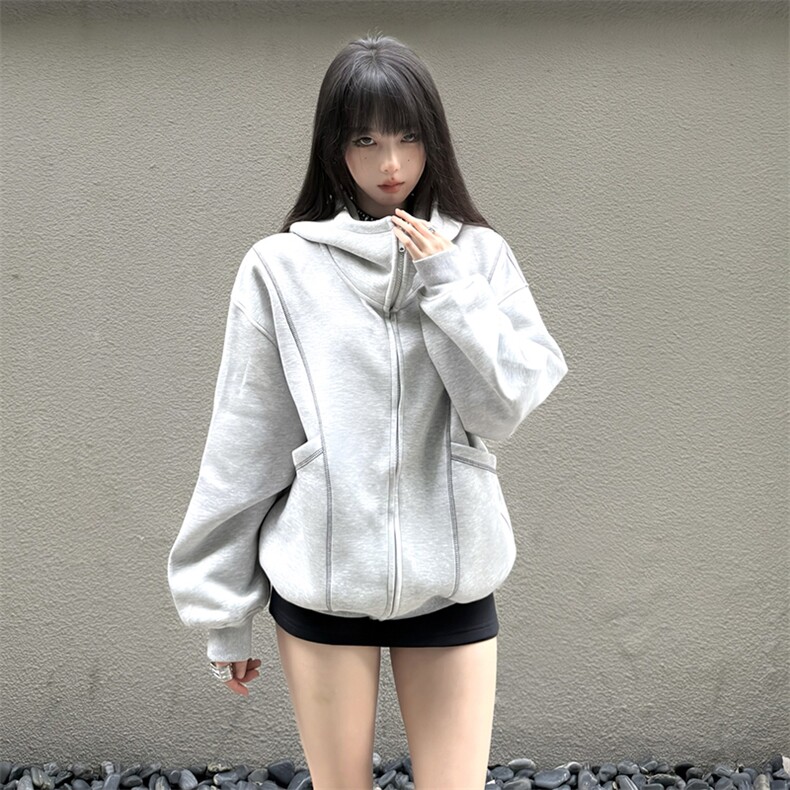抖音得物高品质秋冬美式高街重磅结构辑明线纹理连帽卫衣外套W111,女装短外套,电商A486-1