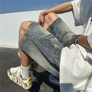 wassup happy破洞牛仔短裤男夏季潮流痞帅高街五分裤宽松休闲中裤图片