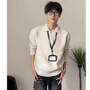 重磅秋冬北极绒亨利领毛衣开衫美式复古休闲慵懒风纯色翻领针织衫图片
