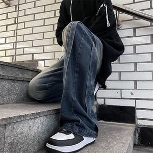 牛仔裤男春秋痞帅拼接水洗做旧宽松直筒阔腿工装牛仔裤 NK819-P50图片