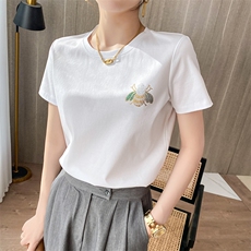 纯棉T恤女130支双面丝光棉短袖圆领宽松大码夏百搭烫钻，女装T恤，元素羊绒