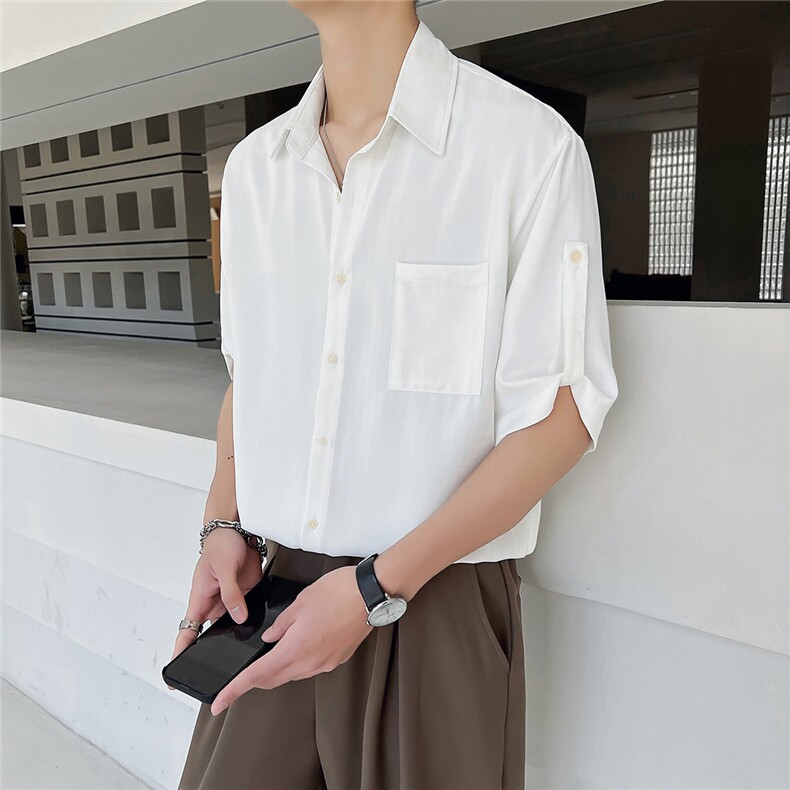 23  暗条纹垂感冰丝衬衫白男士短袖七分袖宽松衬衣DJ8313P58控88图片