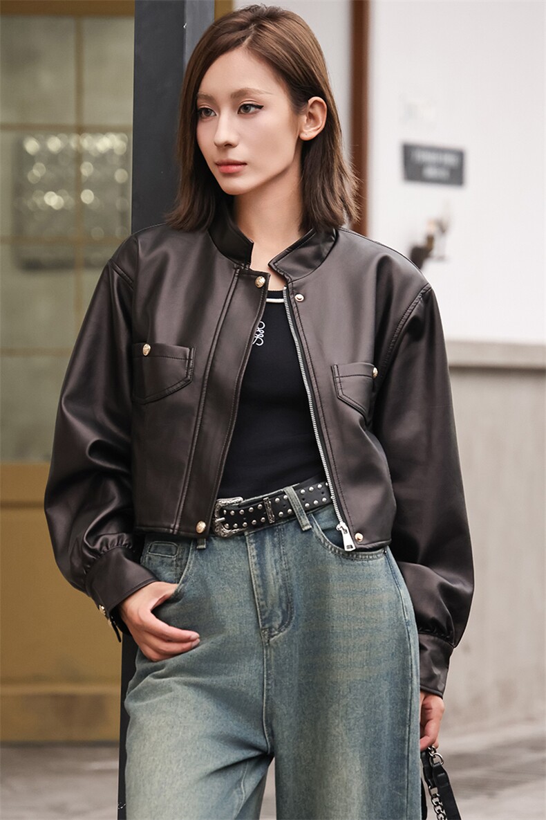 现货仿绵羊皮皮衣女短款时尚外套小立领机车款2024春秋新款潮显高,女装皮衣,江南女神