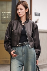 现货仿绵羊皮皮衣女短款时尚外套小立领机车款2024春秋新款潮显高，女装皮衣，江南女神