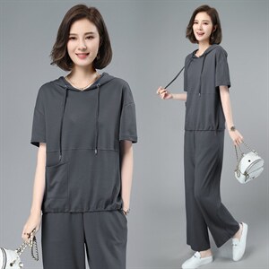 运动服休闲套装新款中年妈妈减龄棉短袖卫衣两件套，图片