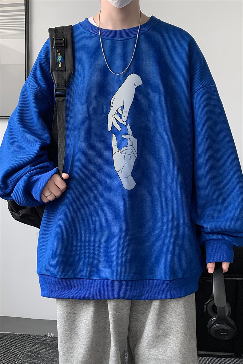 华夫格卫衣圆领卫衣男大码长袖t恤男外套HW76147-P30加绒款-P40,男装卫衣,电商A040