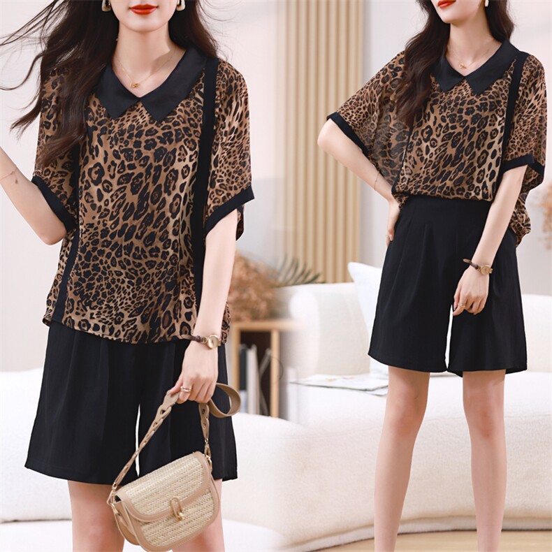 现货小翻领设计宽松雪纺上衣套装两件套，女装套装/套裙，深水步