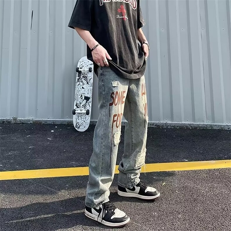美式高街水洗做旧破洞印花牛仔裤男欧美宽松直筒长裤ins潮,男装牛仔裤,星座1210-1
