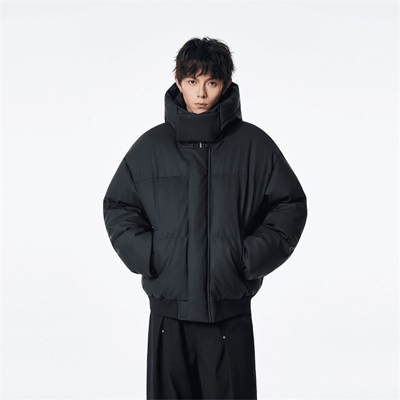 现货5W件冬季三防重磅boxy短款羽绒连帽PU皮棉衣外套防风加厚棉服,男装棉衣,电商A443