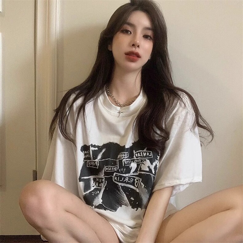 T0665-P25 港风复古夏季新款短袖 白色纯棉印花上衣图片
