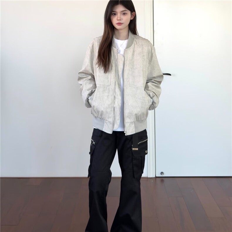 慵懒文艺流行ins百搭新款潮流时尚原宿棒球领短宽石灰女夹克外套,女装短外套,星座506A