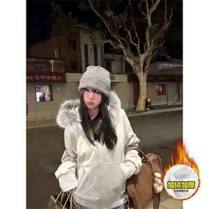 480G重磅加绒硬挺boxy秋冬美式高街超大毛领座山雕连帽卫衣厚外套图片