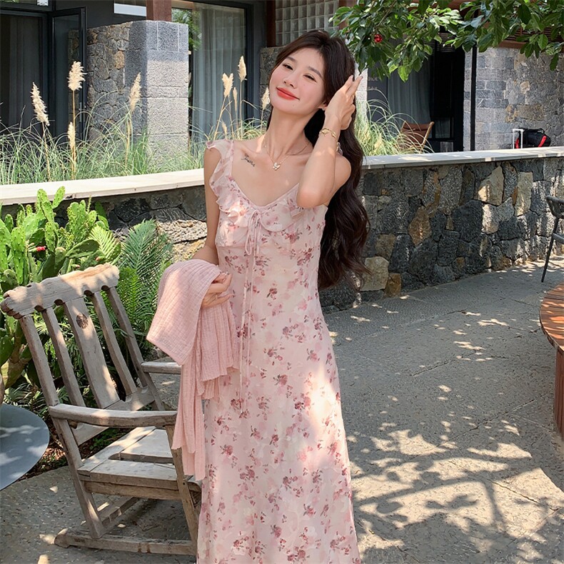 浪漫氛围感粉色开衫碎花连衣裙套装女夏2025新款独特漂亮超火长裙,女装连衣裙,2D075