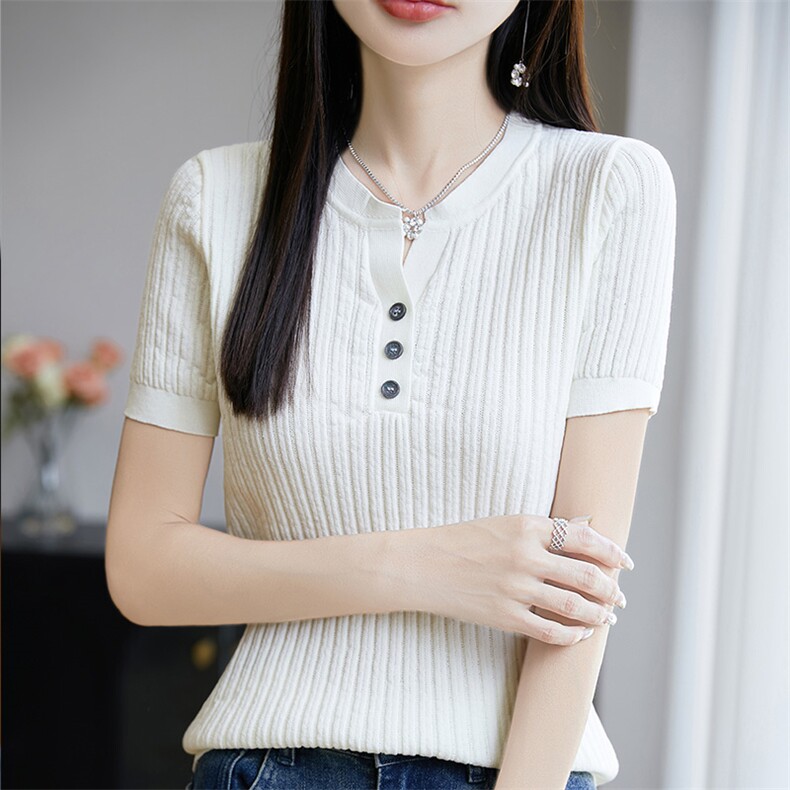 半开V领显瘦短袖t恤女夏2025新款打底衫洋气大码女装针织上衣,女装T恤,皓宇羊绒