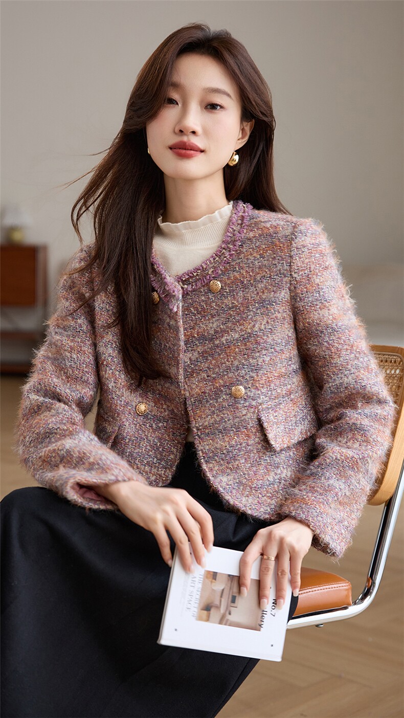 粗花毛呢小外套超短款外搭加棉女装上衣通勤气质小香风裙裤百搭款,女装毛呢外套,婵米儿