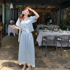 蓝色简约大方休闲套装裙女2025夏新款超好看甜美上衣半身裙两件套，女装套装/套裙，浙宝220