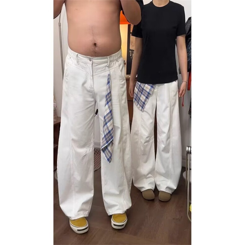 格纹口袋弯刀工装裤男春季潮痞帅宽松直筒牛仔休闲裤子新款时尚图片
