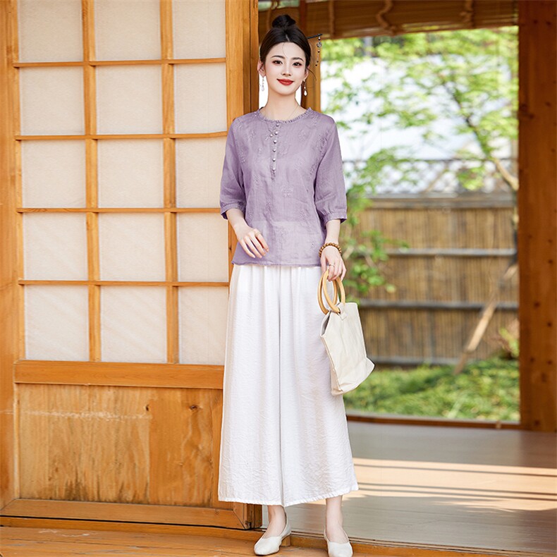 亚麻上衣女高端苎麻套装2025新款夏季时尚绣花透气凉爽裤两件套,女装套装/套裙,衣之秀