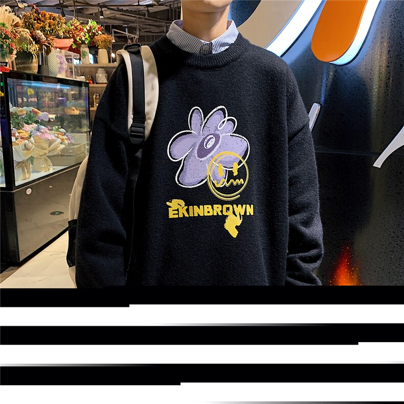 1港风新款宽松休闲中性情侣潮流印花毛衣男外套7676P48加绒P55图片