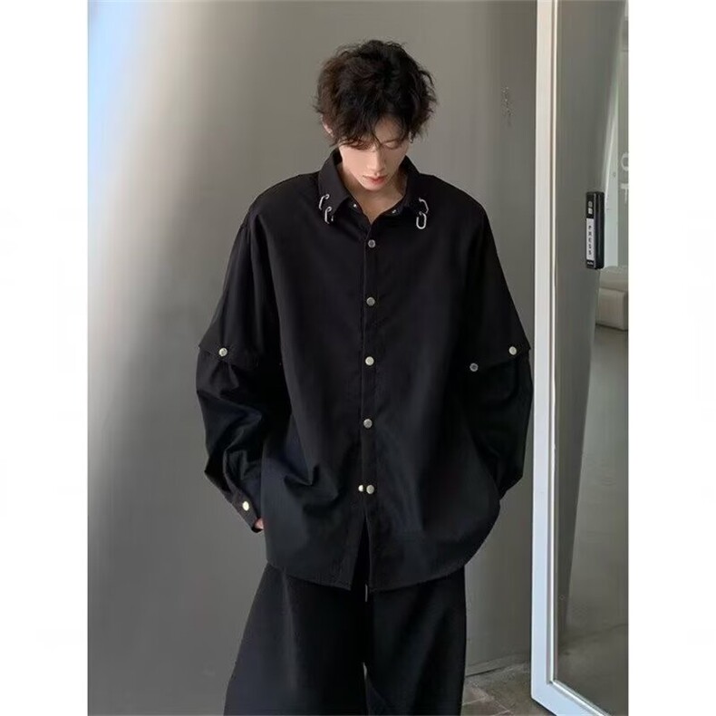 黑色垫肩衬衫男潮牌痞帅炸街可拆卸长袖衬衣廓形高级感发型师男装,男装衬衫,星座506A