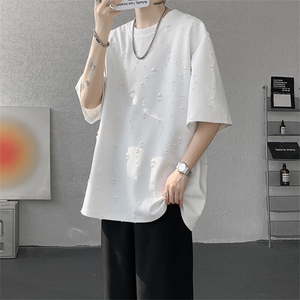 T322-特P20控48 220克夏季潮流破洞满天星圆领短袖男宽松打底衫图片