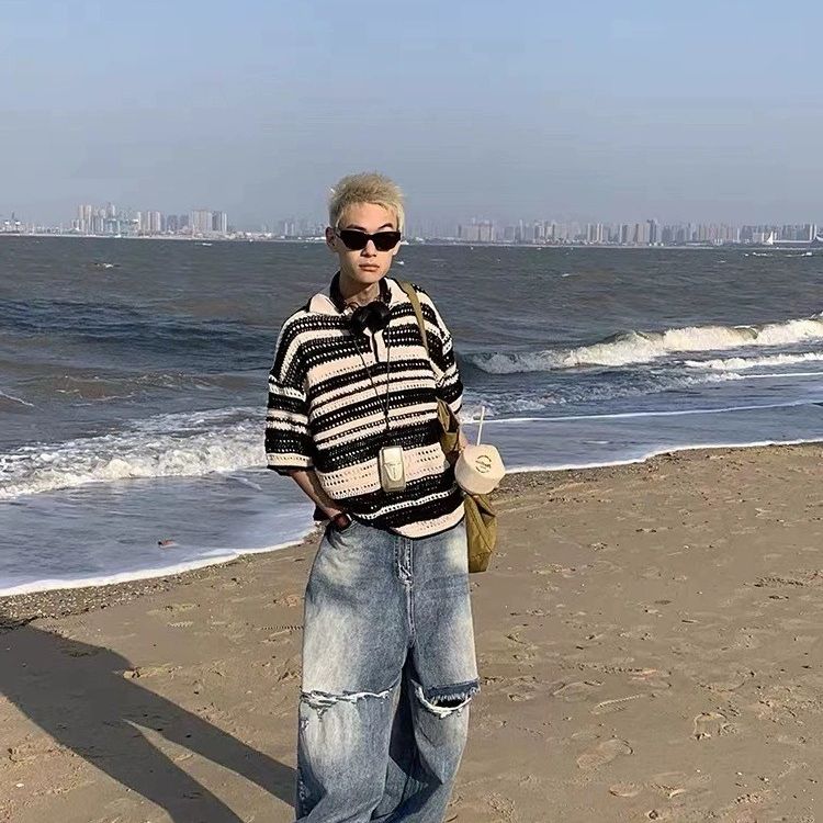 日系复古镂空针织条纹翻领POLO衫短袖夏季小众设计感情侣男女T恤,男装针织衫/毛衣,星座1210-1