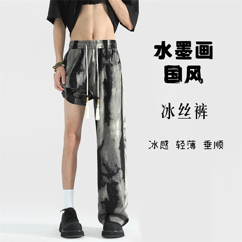 水墨画冰丝裤子夏季风新中式西裤宽松休闲裤504-K195-P40控58图片