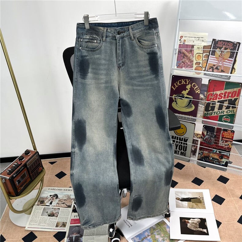 美式高街泼墨牛仔裤男宽松水洗直筒休闲春秋款潮牌痞帅D8041/P50图片
