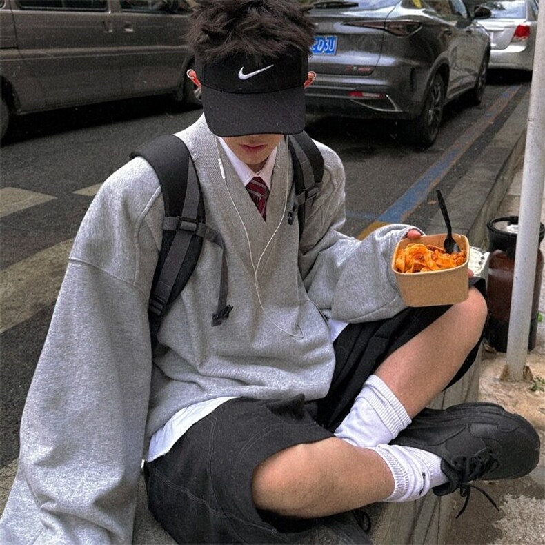 灰色简约基础款v领卫衣男生学院风宽松百搭休闲重磅套头上衣,男装卫衣,星座506A