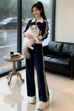时尚休闲运动套装女秋新款洋气显瘦短款拼接撞色外套阔腿裤两件套，女装套装/套裙，江南